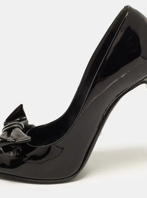 Gucci Black Patent Leather Bow Open Toe Pumps Size 38.5
