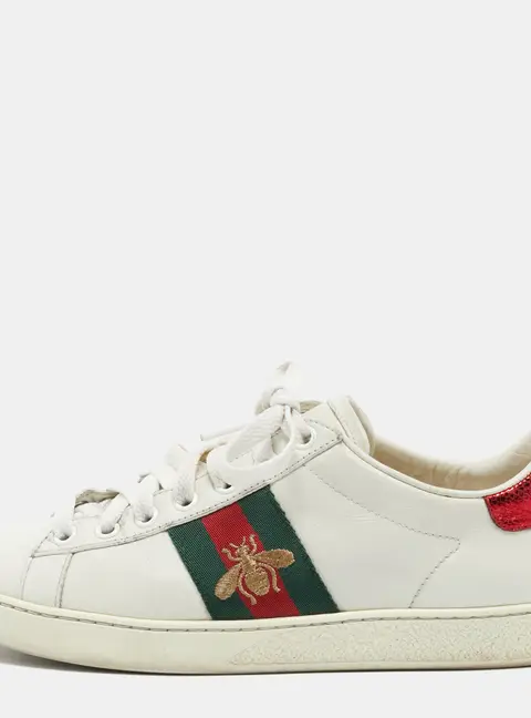 Gucci Ace Size 36 White Leather and Python Embossed Web Bee Low Top Sneakers