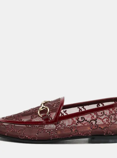 Gucci Jordaan Size 35 Burgundy Mesh and Patent Leather Loafers