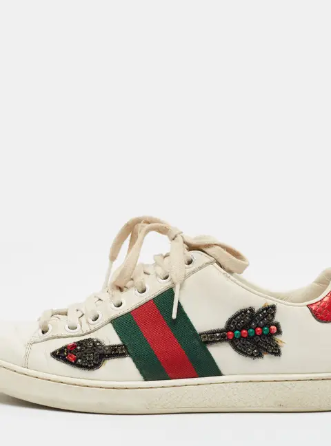 Gucci Ace Size 35 White Leather and Python Embossed Web Arrow Crystal Embellished Low Top Sneakers