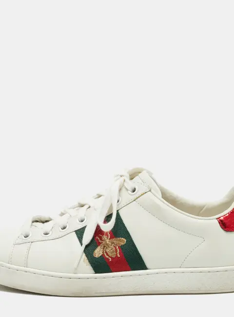 Gucci Ace Size 37 White Leather and Python Embossed Web Bee Low Top Sneakers