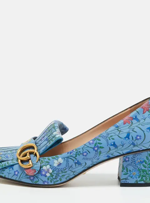 Gucci GG Marmont Fringe Size 40 Multicolor Floral Print Leather Block Heel Pumps