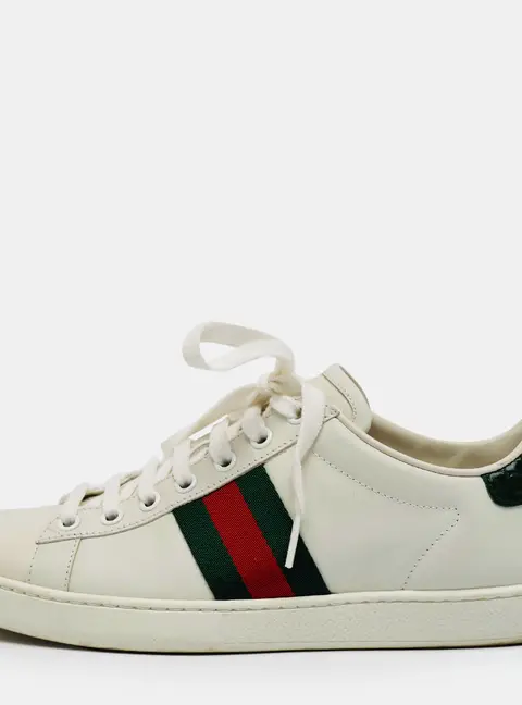 Gucci Ace Size 37.5 White Croc Embossed Leather and Leather Low Top Sneakers