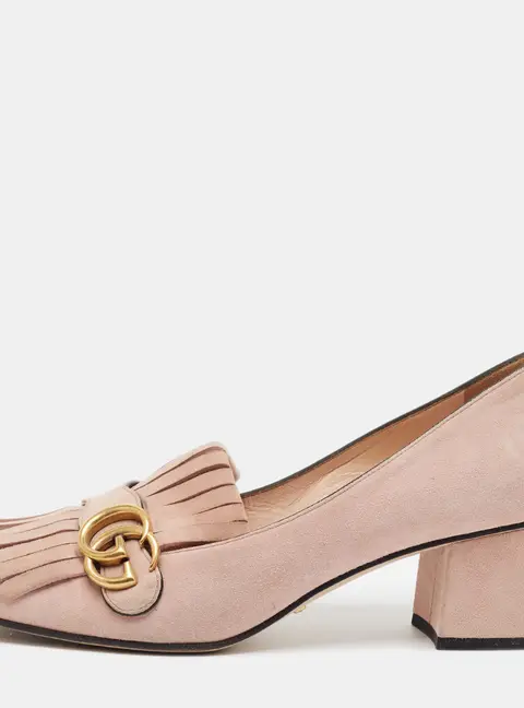 Gucci GG Marmont Size 41 Pink Suede Block Heel Pumps