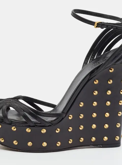 Gucci Size 38 Black Leather Spike Wedge Sandals