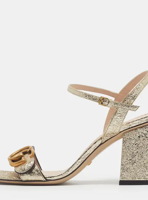 Gucci GG Marmont Size 36 Gold Foil Leather Ankle Strap Sandals