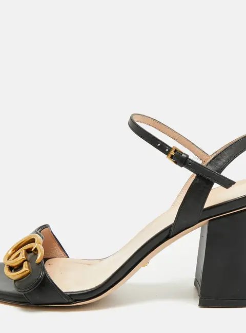 Gucci GG Marmont Size 37.5 Black Leather Ankle Strap Sandals