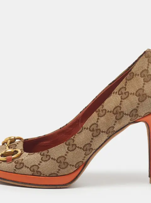 Gucci Horsebit Size 39 Brown/Orange GG Canvas Peep Toe Pumps