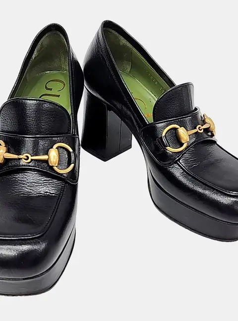 Gucci Black Leather Houdan Horsebit Platform Loafer Pumps
