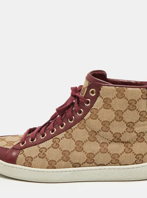 Gucci GG Size 38 Burgundy/Beige Canvas and Leather High Top Sneakers