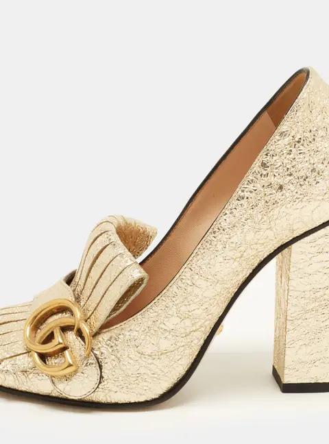 Gucci GG Marmont Size 36 Gold Foil Leather Block Heel Pumps