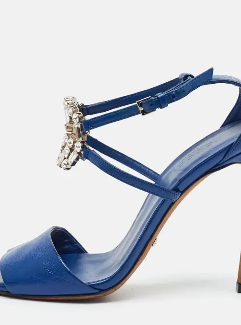 Gucci Interlocking G Size 36 Blue Leather Crystal Embellished Ankle Strap Sandals