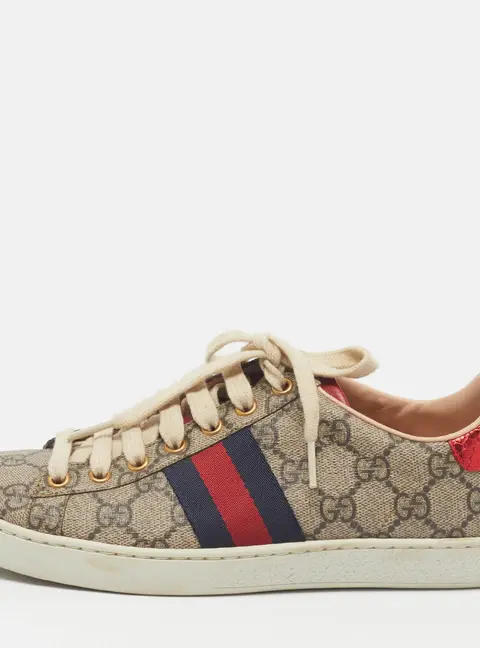 Gucci Ace Size 37 Beige/Brown GG Coated Canvas and Python Embossed Web Low Top Sneakers