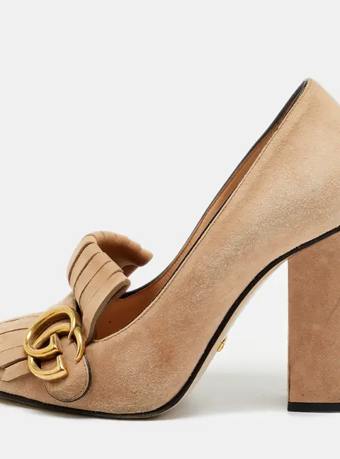 Gucci GG Marmont Size 36.5 Beige Suede Block Heel Pumps