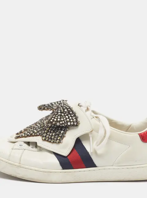 Gucci Ace Size 36.5 White Leather and Python Embossed Crystal Bow Web Low Top Sneakers