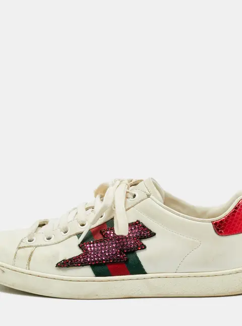 Gucci Ace Size 36.5 White Leather and Snakeskin Embossed Leather Lace Up Sneakers
