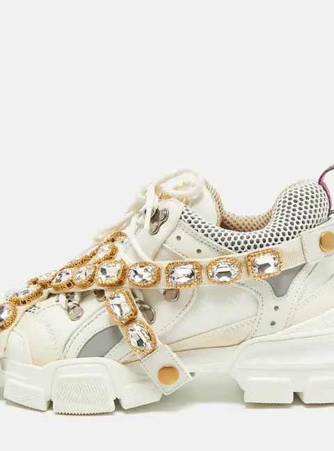 Gucci Flashtrek Size 37.5 White/Grey Leather and Suede Lace Up Sneakers