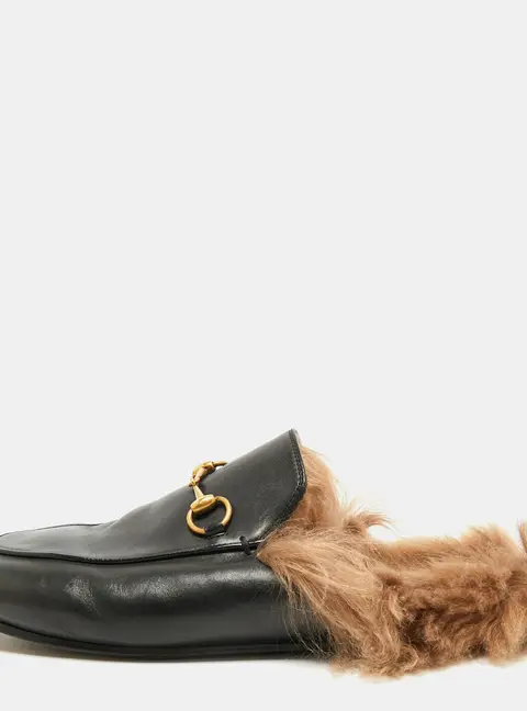 Gucci Princetown Size 40 Black Fur and Leather Horsebit Flat Mules