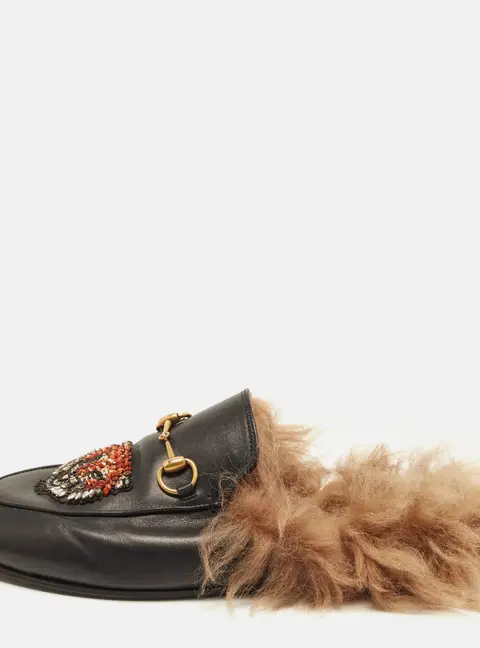 Gucci Princetown Size 39 Black Fur and Leather Flats