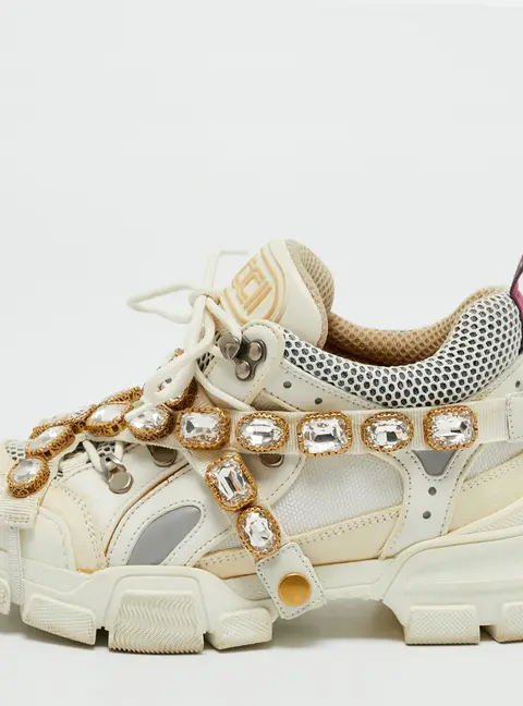 Gucci Flashtrek Size 36 White/Cream Canvas and Leather Crystal-Embellished Chunky Up Sneakers