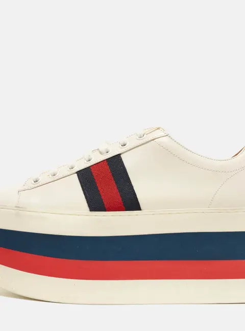 Gucci Web Size 38 White Leather Peggy Platform Lace Up Sneakers