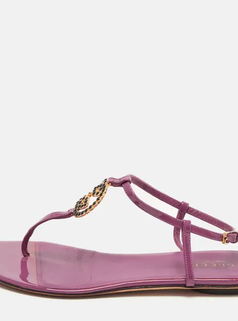 Gucci Interlocking G Size 37 Purple Patent Leather Crystals Embellished Thong  Ankle Strap Flats