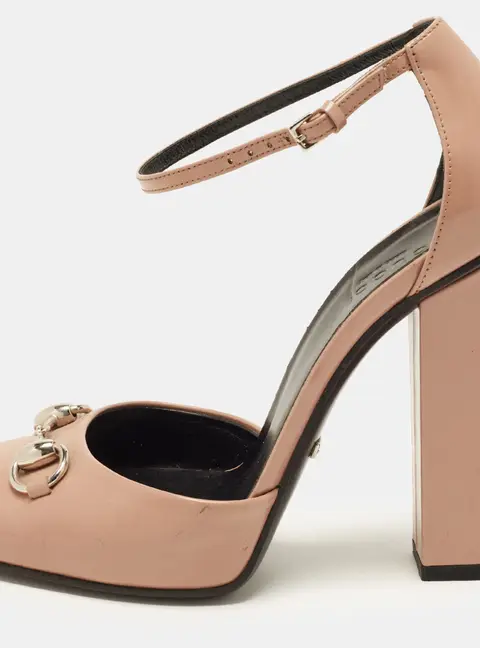 Gucci Horsebit Size 36 Beige Leather Ankle Strap Block Heel Pumps