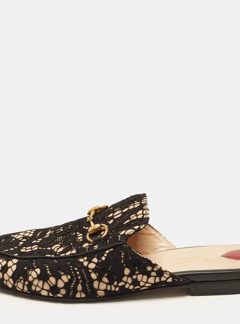 Gucci Princetown Size 37.5 Black/Pink Lace and Leather Horsebit Flat Mules