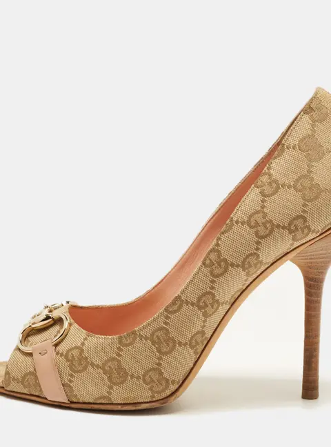 Gucci Size 41 Beige/Brown GG Canvas and Leather Peep Toe Pumps