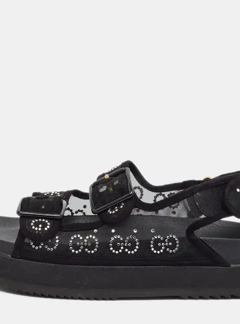Gucci Size 37 Black Mesh and Suede GG Crystal Embellished Platform Sandals