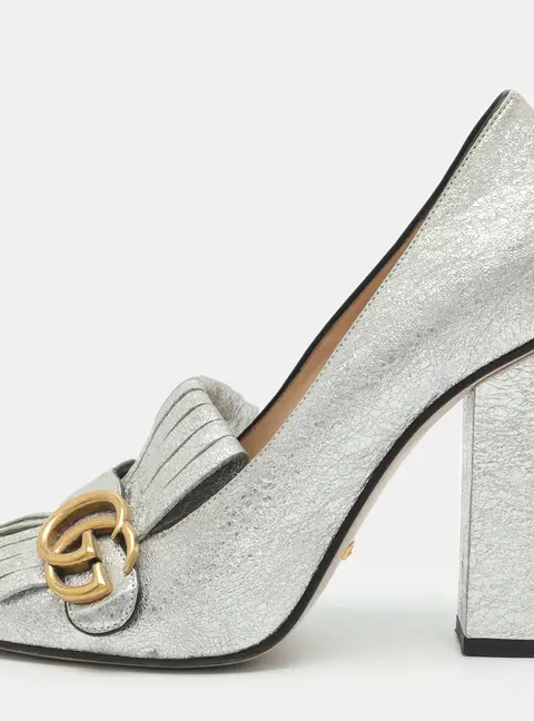Gucci GG Marmont Size 38.5 Silver Foil Leather Pumps