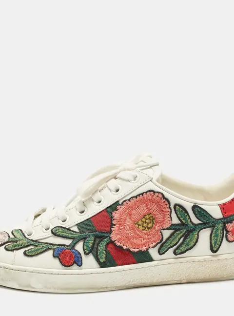 Gucci Ace Web Size 37 White Leather Floral Embroidered Low Top Sneakers