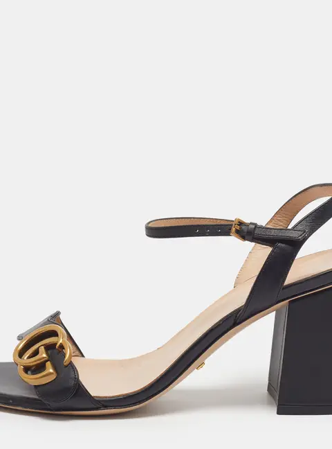 Gucci GG Marmont Size 38.5 Black Leather Ankle Strap Sandals