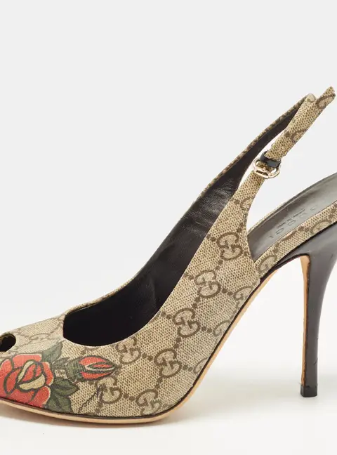Gucci Size 39.5 Brown GG Canvas Peep Toe Slingback Pumps