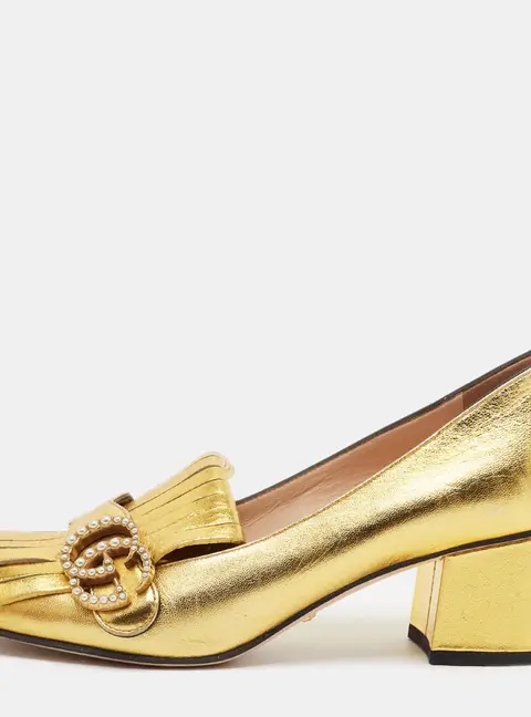 Gucci GG Marmont Size 38 Gold Leather Fringe Detail Block Heel Pumps