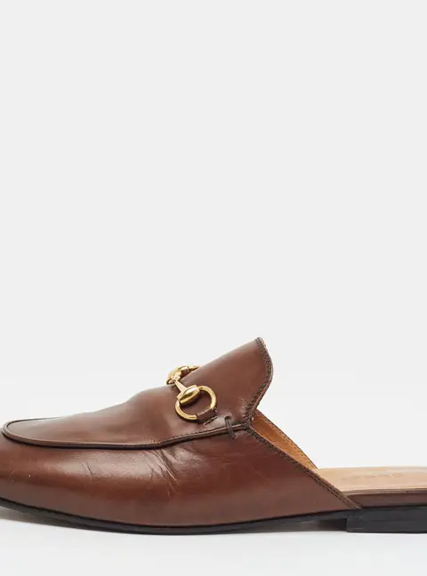 Gucci Princetown Size 37.5 Brown Leather Horsebit Flat Mules
