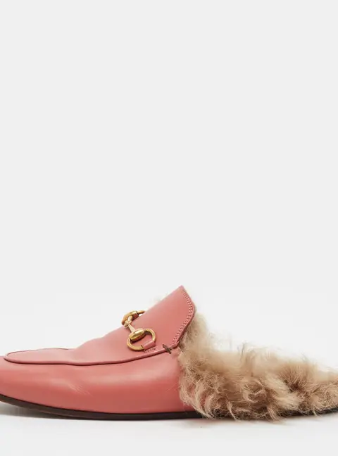 Gucci Princetown Size 38 Pink Leather and Shearling Horsebit Flat Mules