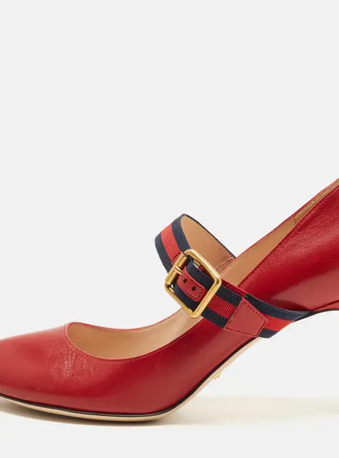 Gucci Sylvie Size 37.5 Red Leather Mary Jane Pumps