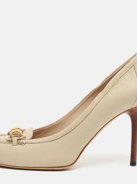 Gucci Bamboo Horsebit Size 38 Beige Leather Loafer Pumps