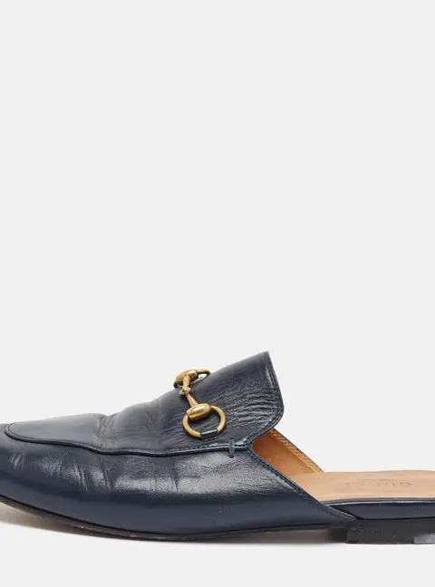 Gucci Princetown Size 37.5 Navy Blue Velvet Mules