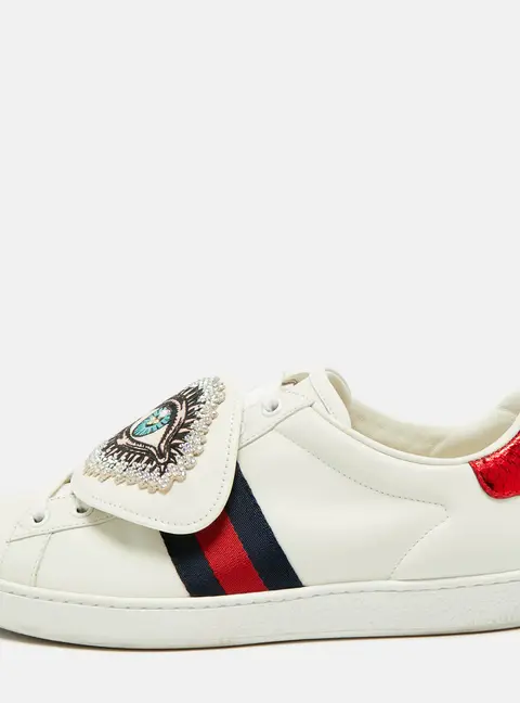 Gucci Ace Size 40 White Leather and Python Embossed Web Removable Crystal Eye Patches Low Top Sneakers