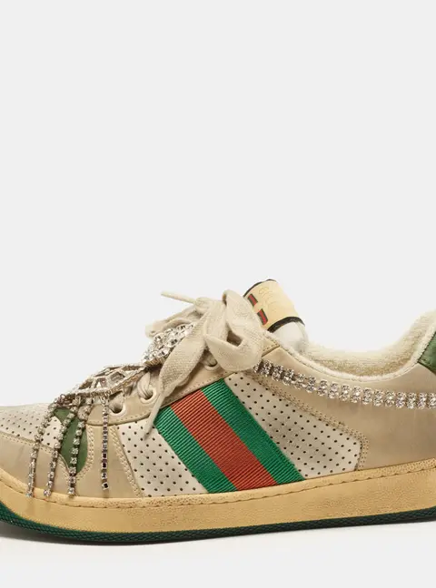 Gucci Screener Size 40.5 Tricolor Leather and Nubuck Web Removable Crystal Lace Up Sneakers