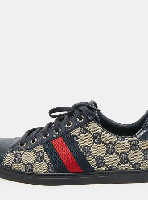 Gucci Ace Size 37 Navy Blue/Beige GG Supreme Canvas and Leather Web Low Top Sneakers