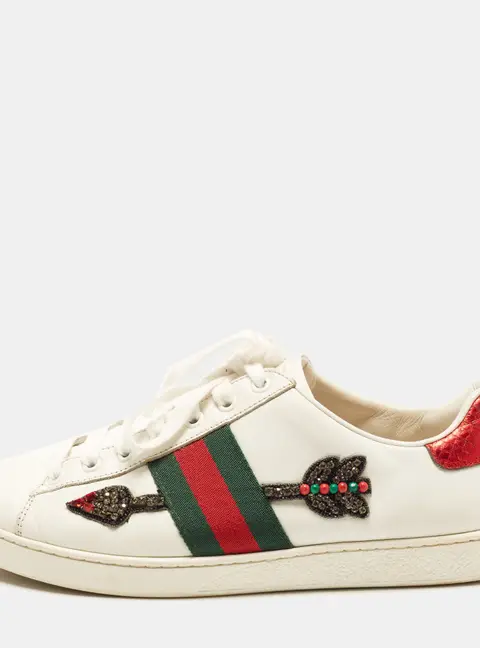 Gucci Ace Size 38.5 White Leather and Python Embossed Web Arrow Crystal Embellished Low Top Sneakers