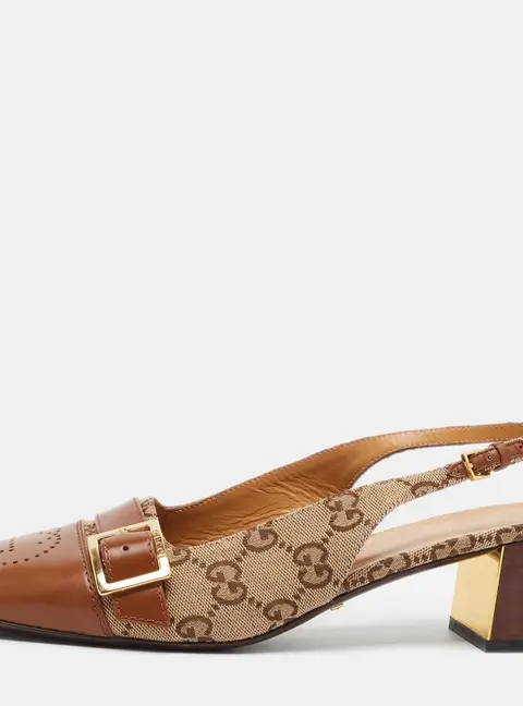 Gucci Size 39.5 Beige Canvas and Leather Slingback Pumps