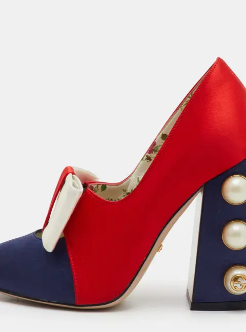 Gucci Luna Size 36 Navy Blue/Red Satin Colorblock Bow Pearl Studded Block Heel Pumps