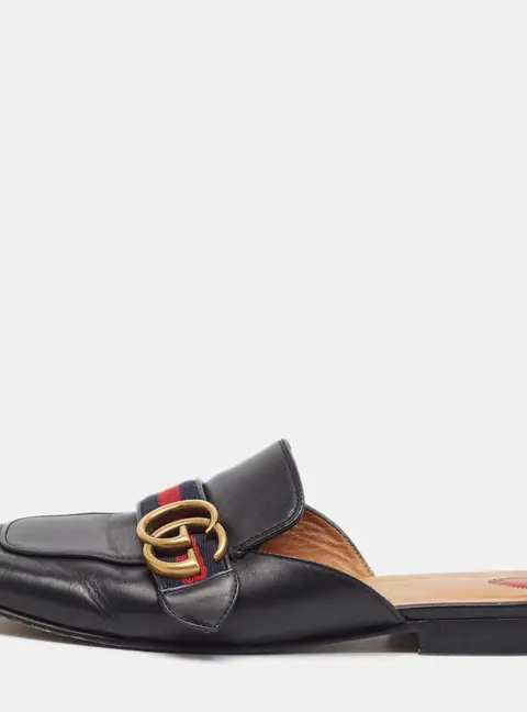 Gucci Peyton Size 37.5 Black Leather GG Mules