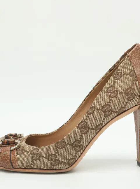 Gucci Horsebit Size 36.5 Beige GG Canvas and Leather Pumps