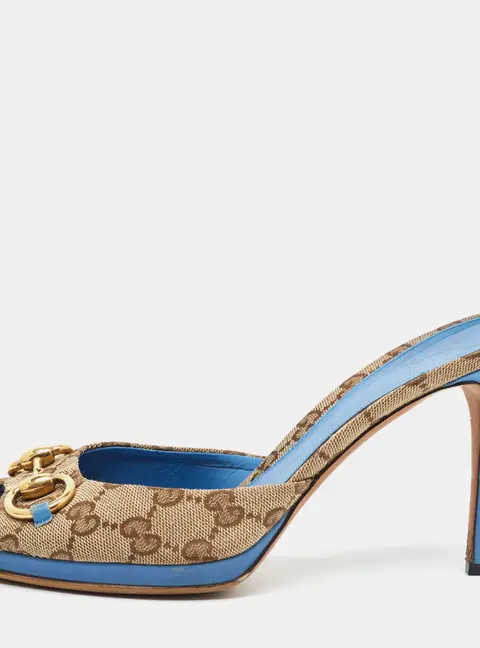 Gucci New Hollywood Horsebit Size 40 Beige/Blue Canvas and Leather Slide Sandals