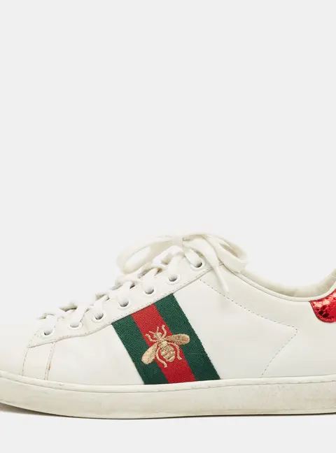 Gucci Ace Size 37 White Leather And Sneak Embossed Leather Lace Up Sneakers